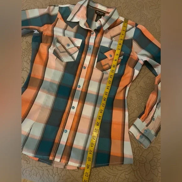 Wrangler Retro Teal and Orange Plaid Western Rodeo Turquoise Snap Shirt, Size S - Picture 10 of 10
